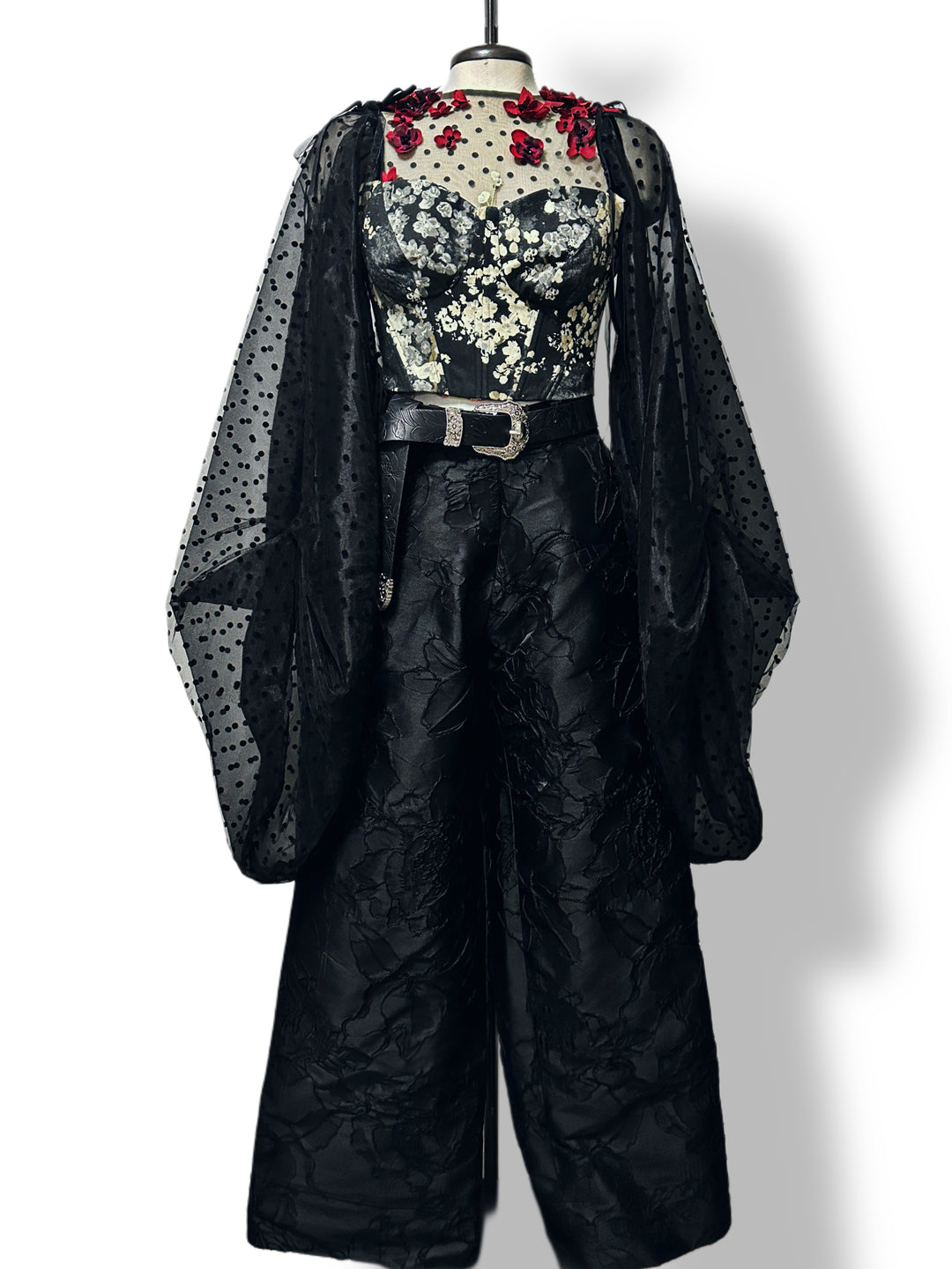 Black brocade wide-leg pants