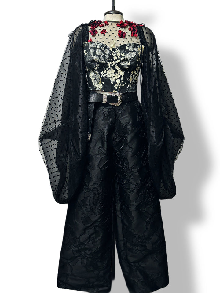 Black brocade wide-leg pants