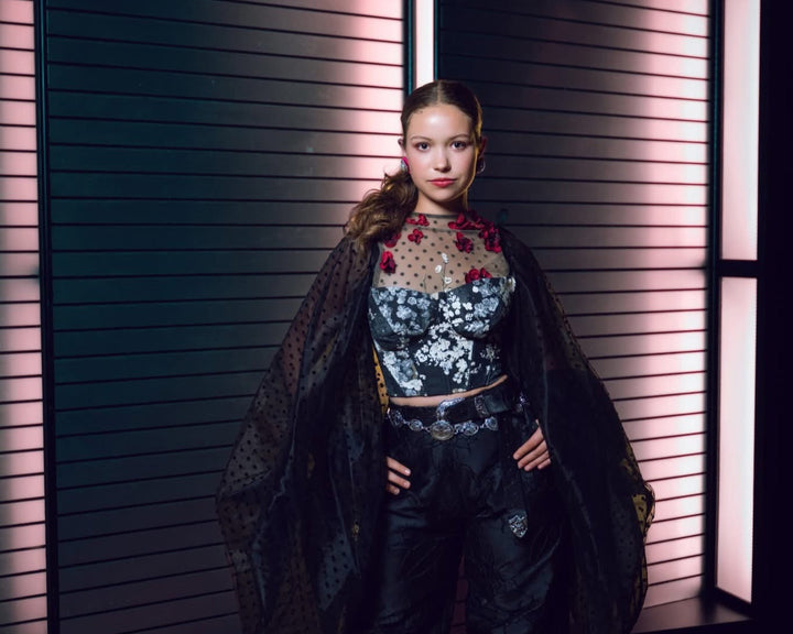 Black brocade wide-leg pants